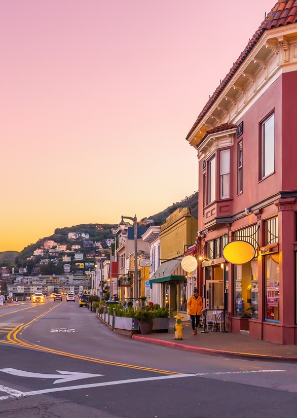 Cityscape of Sausalito town near San Francisco in Northern California, USA at sunset.