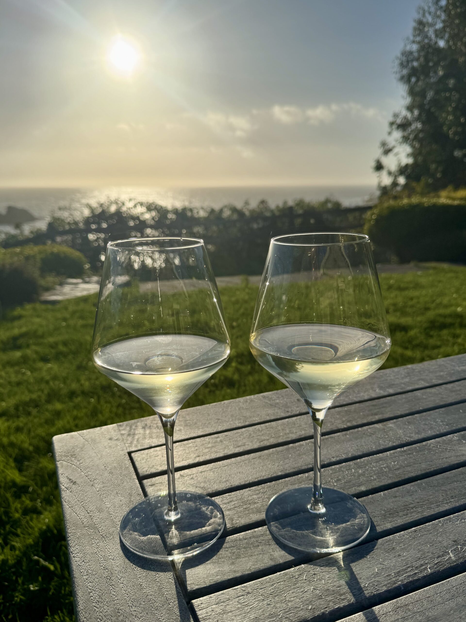 Wine glasses on a table with a coastal view in Davenport, CA.