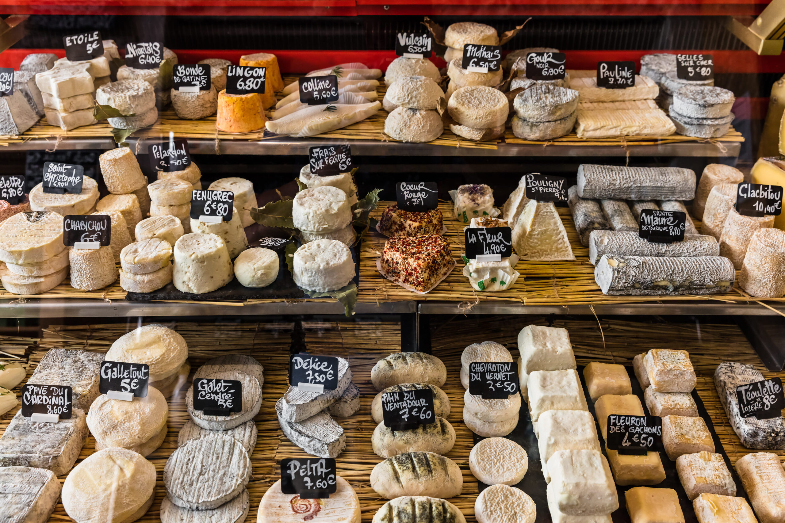 Different artisan cheeses on the counter in Point Reyes, CA.